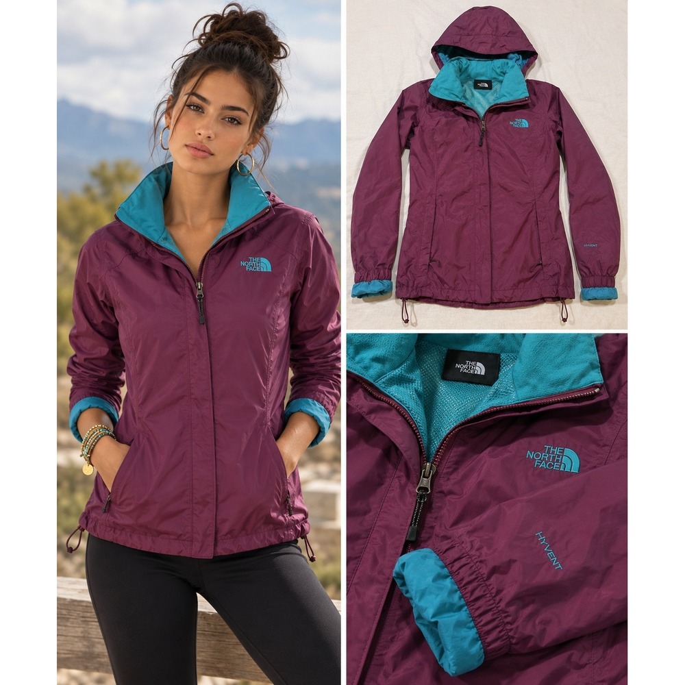 The North Face HyVent Rain Jacket Womens XS Purple Teal Hooded Waterproof Shell